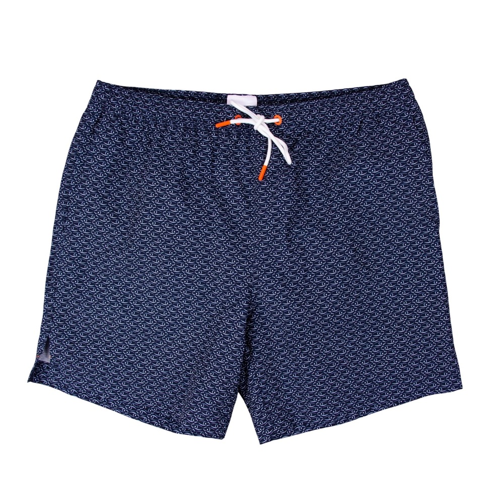 SWIMS Mens Medium Navy Blue Fish Print Swim Trunks Shorts Mesh Lined